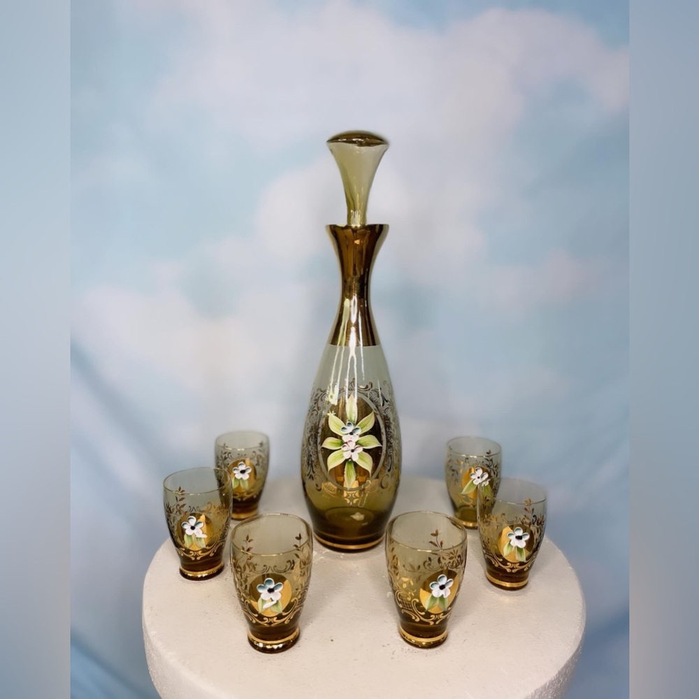 Vintage MCM Italian glass decanter with 6 glasses, hand painted flowers